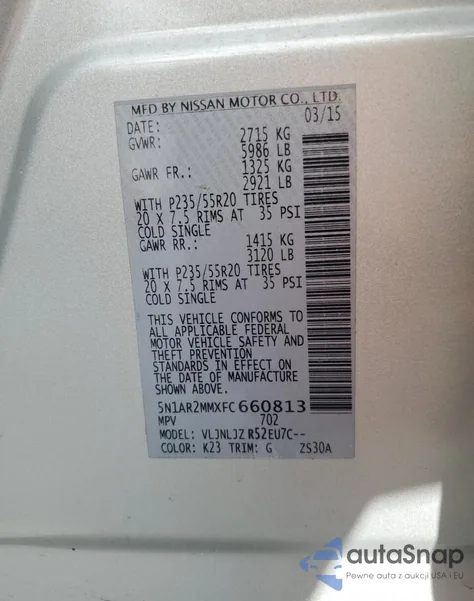 2015 Nissan Pathfinder S z USA, uszkodzony, nr VIN 5N1AR2MMXFC660813